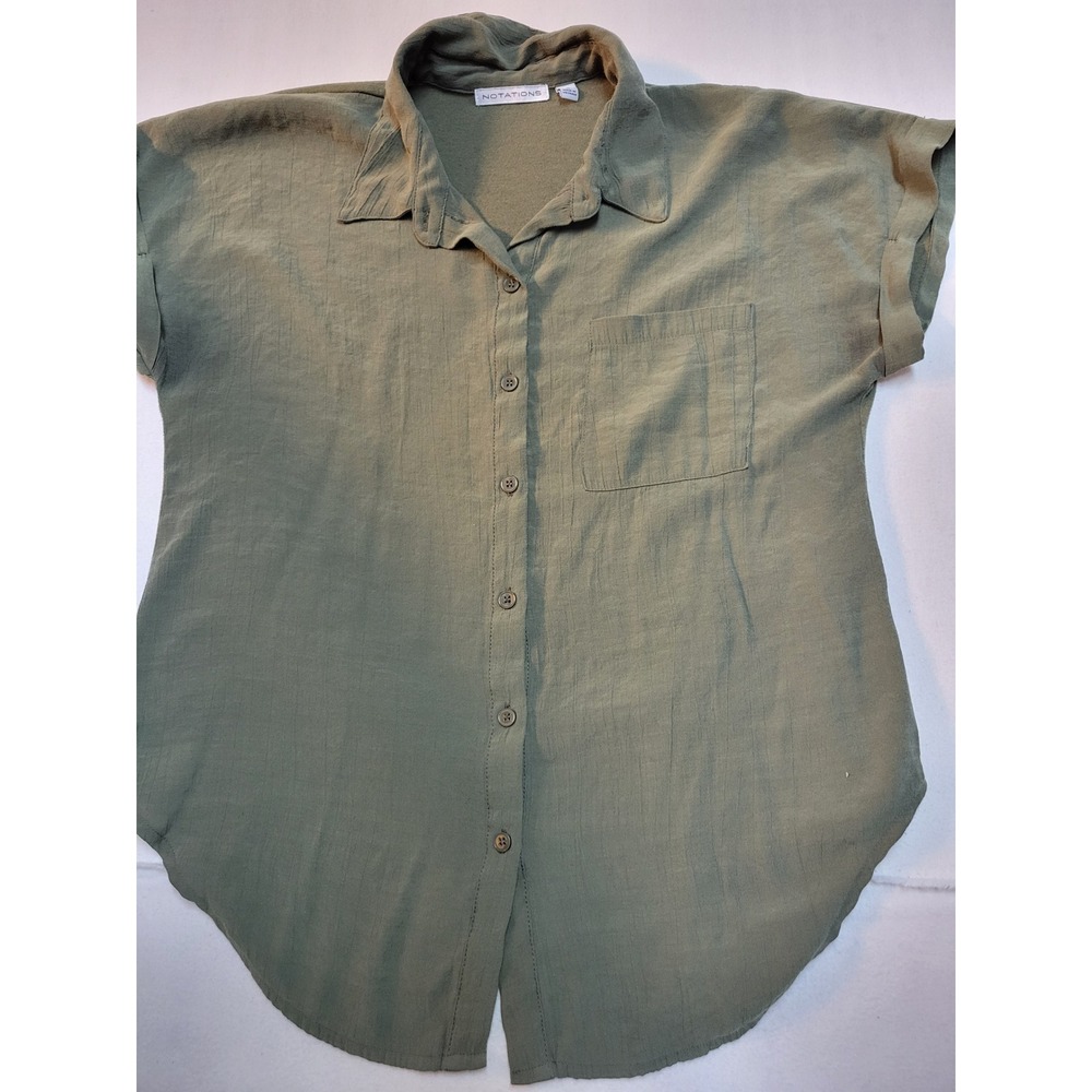 Notations Womens Medium Olive Green Button Down Shirt Cuffed Short Sleeve 1711